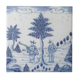 Carreau Antique Delft Tile-Pastoral Scene-Blue & White-15