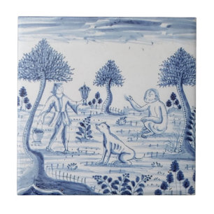 Carreau Antique Delft Tile-Pastoral Scene-Blue & White 5