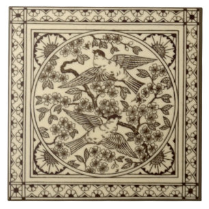 Carreau Antique Esthétique Japonaise Sepia Bird Tile Repr