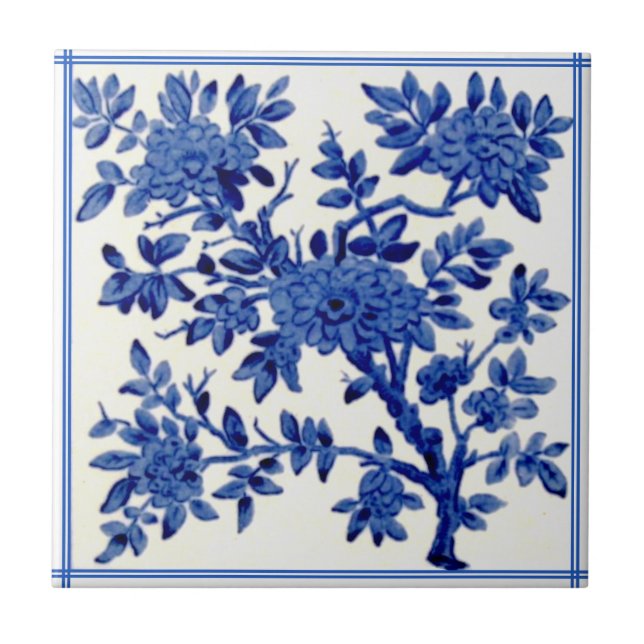 Carreau Antique Minton Blue White Aesthetic Floral Repro (Devant)