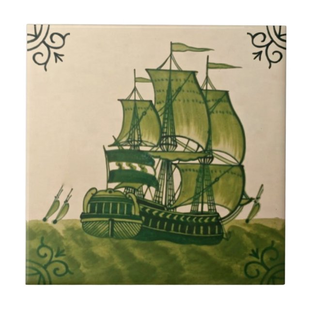 Carreau Antique Minton Hollins Delft Ship Tile #2 Repro (Devant)