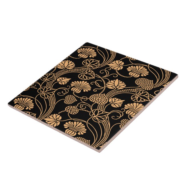 Carreau Antique motif floral orange sur noir (Côté)