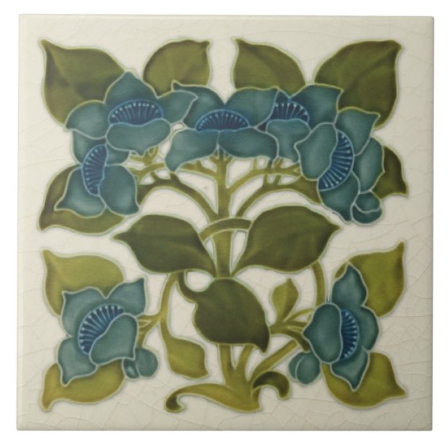 Carreau Antique Repro Art Nouveau Carrelage de fleurs bleu (Devant)