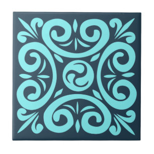 Carreau Aqua et Noir sur Blue Intricate Floral patron