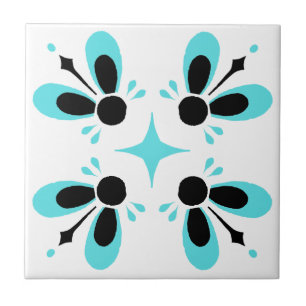 Carreau Aqua et Noir sur le motif floral complexe blanc