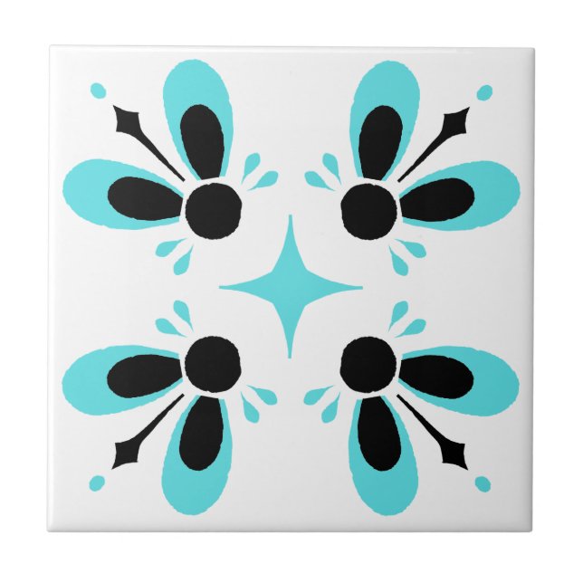 Carreau Aqua et Noir sur le motif floral complexe blanc (Devant)
