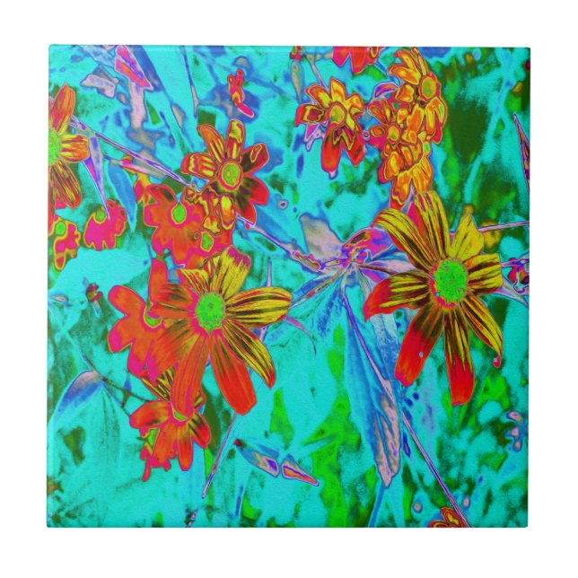 Carreau Aqua Tropical aux fleurs jaunes et orange (Devant)