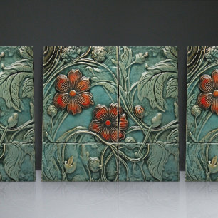 Carreau Aquamarine Blue Red Floral Motifs bio