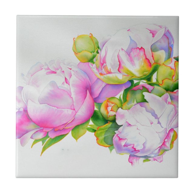 Carreau Aquarelle blanche rose peintures florales pivoines (Devant)