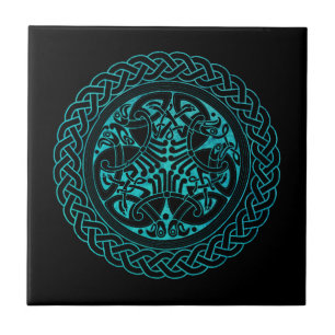 Carreau Aquarelle Bleu Célite Cercle de noeuds avec oiseau