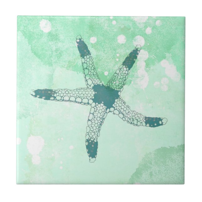 Carreau Aquarelle bleu de poisson-étoiles de plage (Devant)