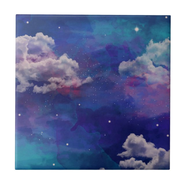 Carreau Aquarelle bleu et violet étoile ciel (Devant)