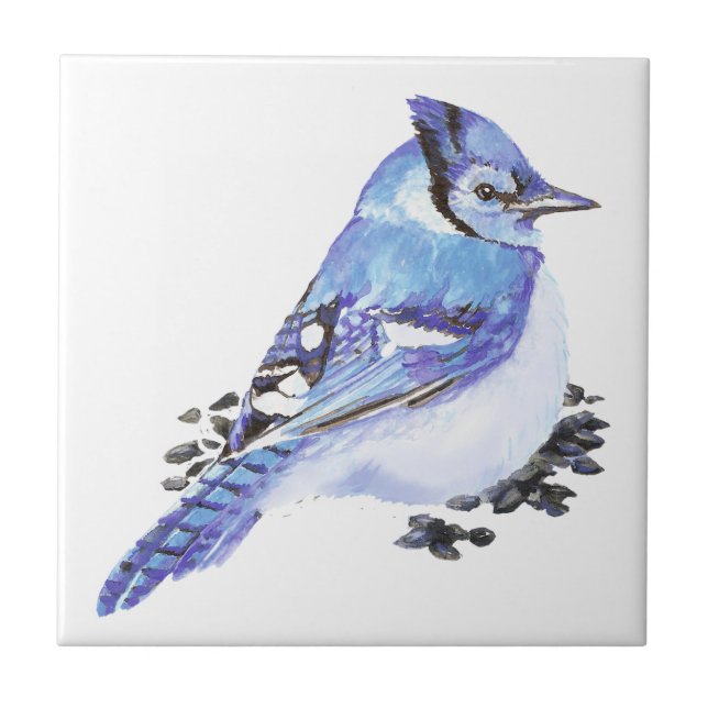 Carreau Aquarelle Bleu Jay Oiseau Faune Nature art (Devant)