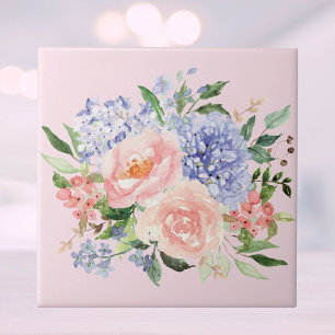 Carreau Aquarelle Bleu rose Hydrangée Peony Ressort Floral