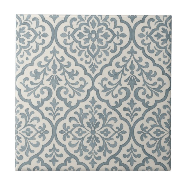 Carreau Aquarelle bleu rustique Floral marocain (Devant)