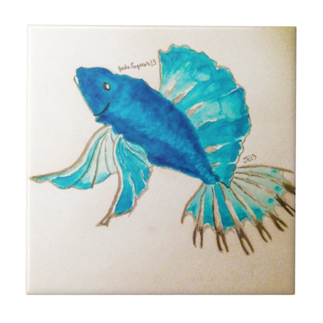 Carreau Aquarelle bleue de poissons (Devant)