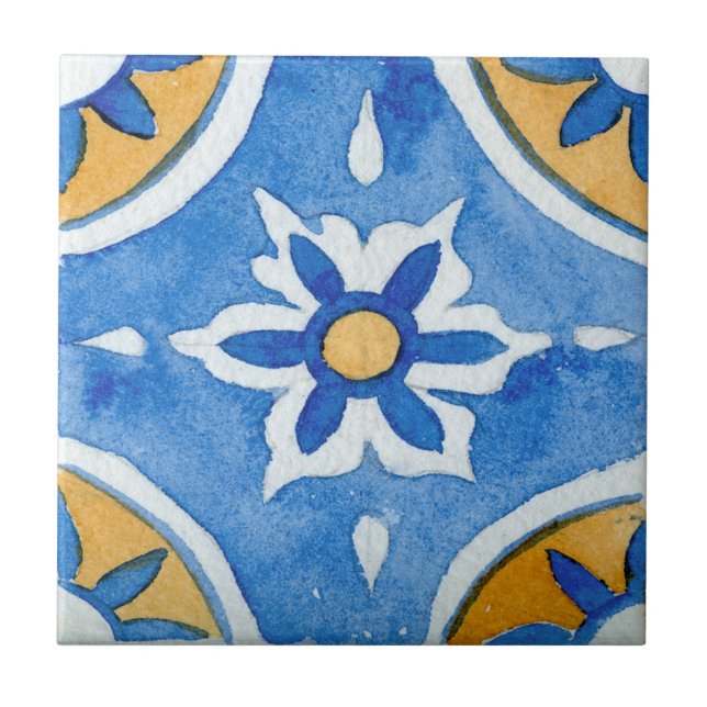 Carreau Aquarelle bleue et jaune méditerranéenne (Devant)