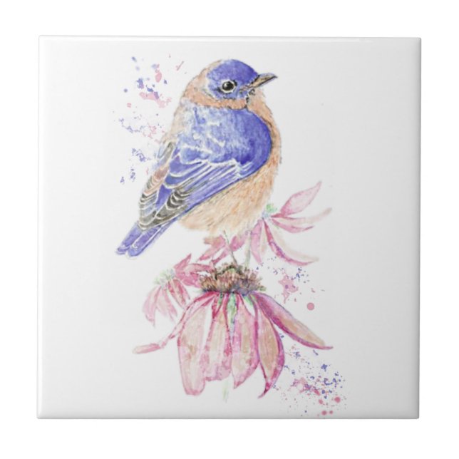 Carreau Aquarelle Bluebird Fleur rose Oiseau Art (Devant)