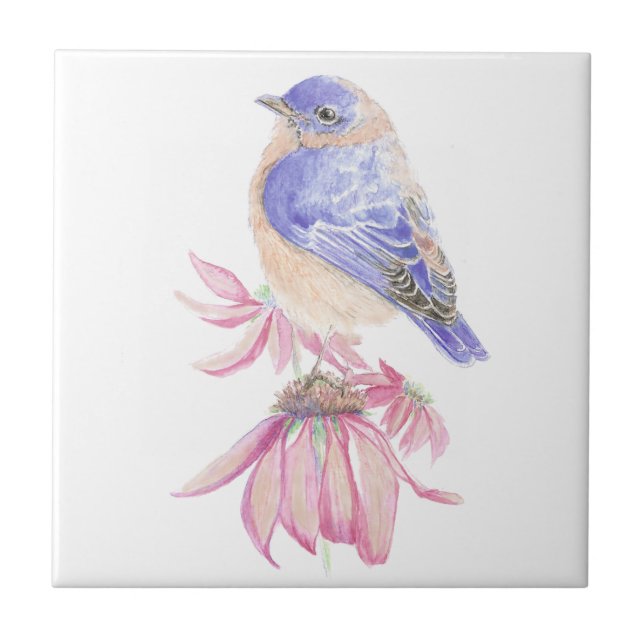 Carreau Aquarelle Bluebird Fleur rose Oiseau Art (Devant)
