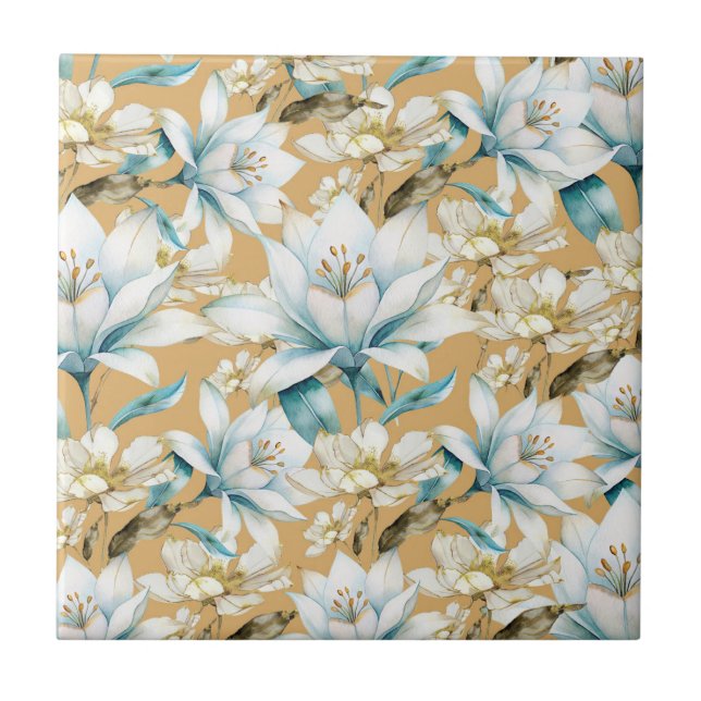 Carreau Aquarelle botanique bleu blanc lily floral (Devant)