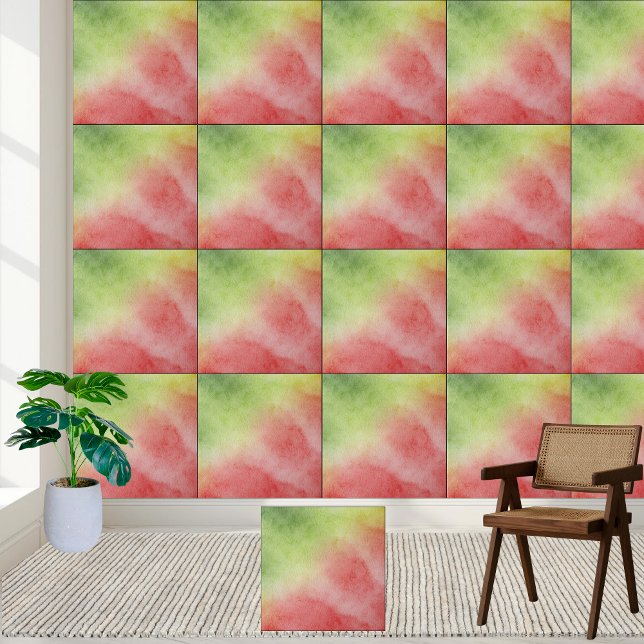 Carreau Aquarelle Carrelage en céramique Abstrait vert et  (Watercolor Green & Red Abstract Ceramic Tile)