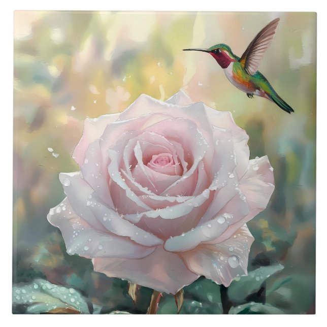 Carreau Aquarelle Colibri et rose (Devant)