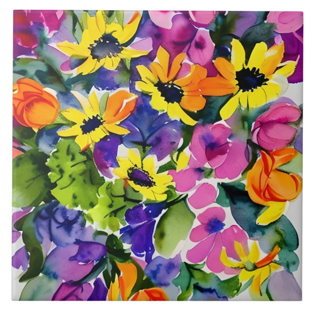 Carreau Aquarelle colorée Art Floral (Devant)