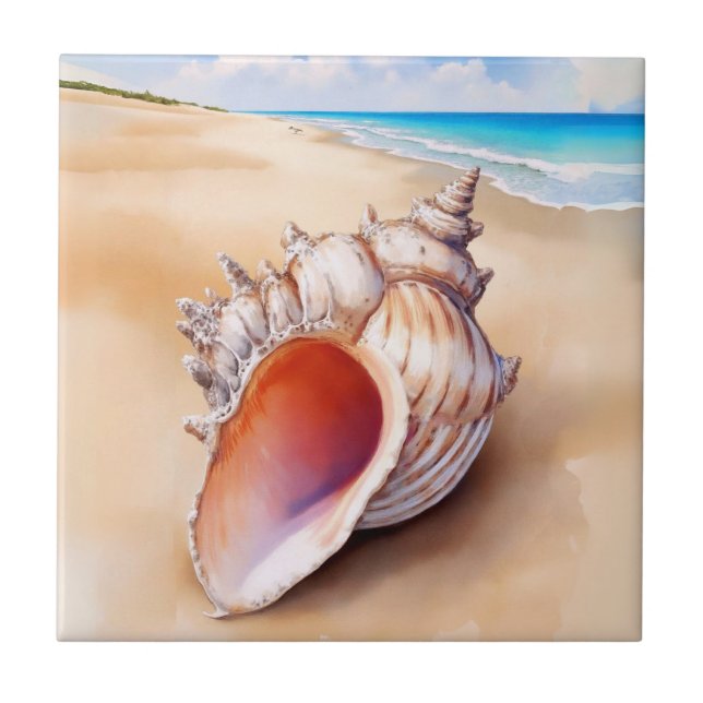 Carreau Aquarelle Conch Shell sur la plage (Devant)