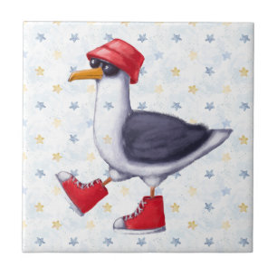 Carreau Aquarelle Cute Beach Seagull Cartoon Oiseau Nature