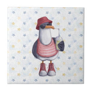 Carreau Aquarelle Cute Beach Seagull Cartoon Oiseau Nature
