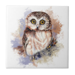 Carreau Aquarelle Cute Little Saw Whet Owl Bird
