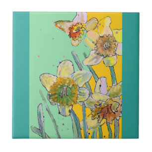 Carreau Aquarelle Daffodique Fleur Floral Aqua