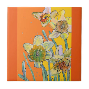 Carreau Aquarelle Daffodique Fleur Floral Orange Jaune