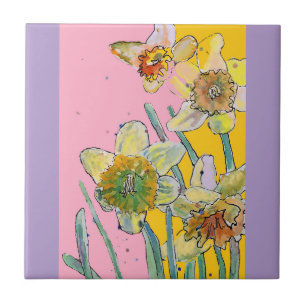 Carreau Aquarelle Daffodique Fleur Floral Rose Jaune