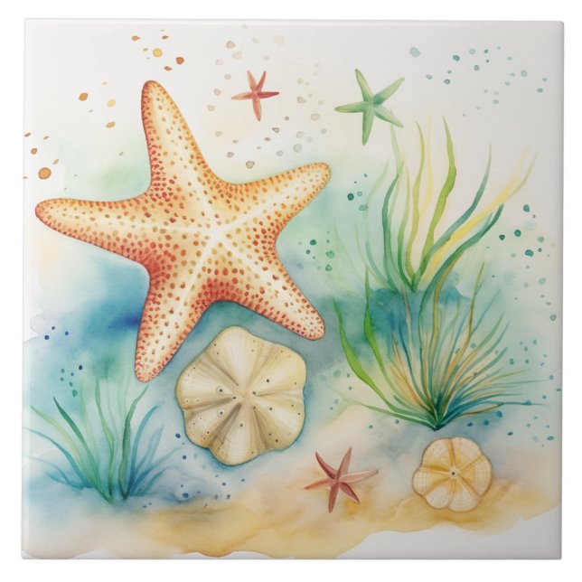 Carreau Aquarelle d'algues de poisson étoilé sous la mer (Devant)