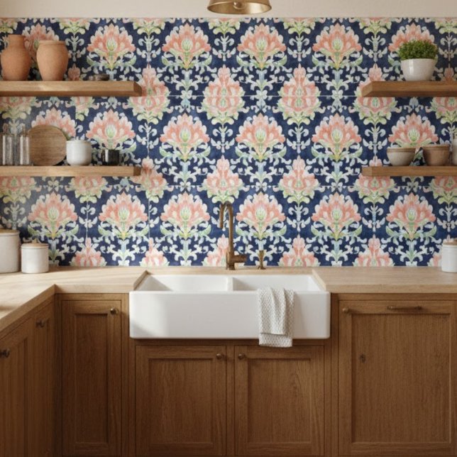 Carreau Aquarelle Damask Marine Coral Vert Décor (Créateur téléchargé)