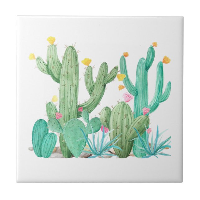 Carreau Aquarelle de Cactus Sud-Ouest Désert Succulent (Devant)