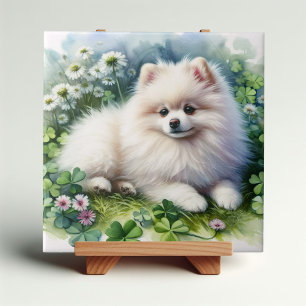 Carreau Aquarelle de chien de Poméranie blanche Champ de f