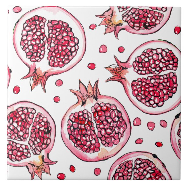 Carreau Aquarelle de grenade et motif d'encre (Devant)