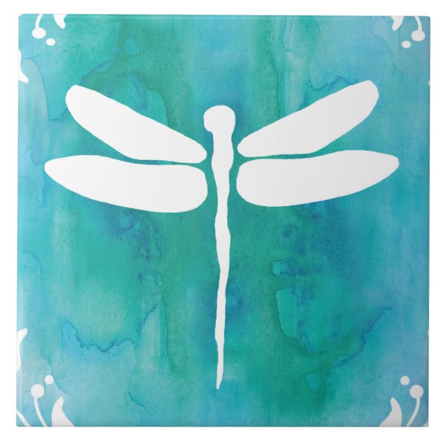 Carreau Aquarelle de libellule blanche Aqua Blue Dragonlie (Devant)