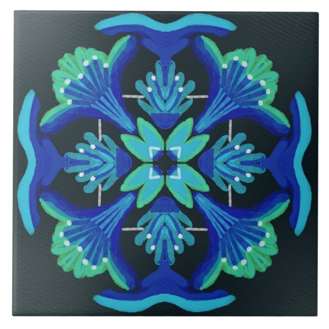 Carreau Aquarelle de style Art déco noir bleu vert floral (Devant)