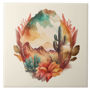 Carreau Aquarelle Désert Cactus et Montagnes