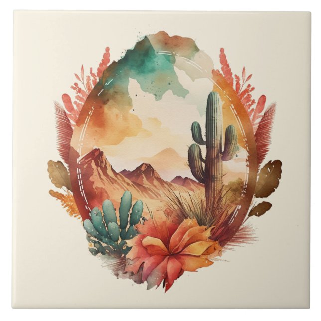 Carreau Aquarelle Désert Cactus et Montagnes (Devant)