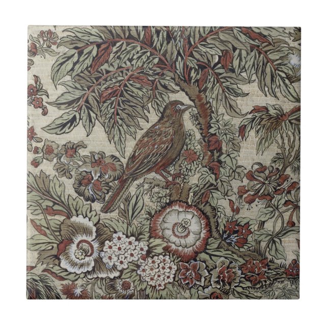 Carreau Aquarelle d'oiseau Brown Graphite vert Fleurs d'ar (Devant)