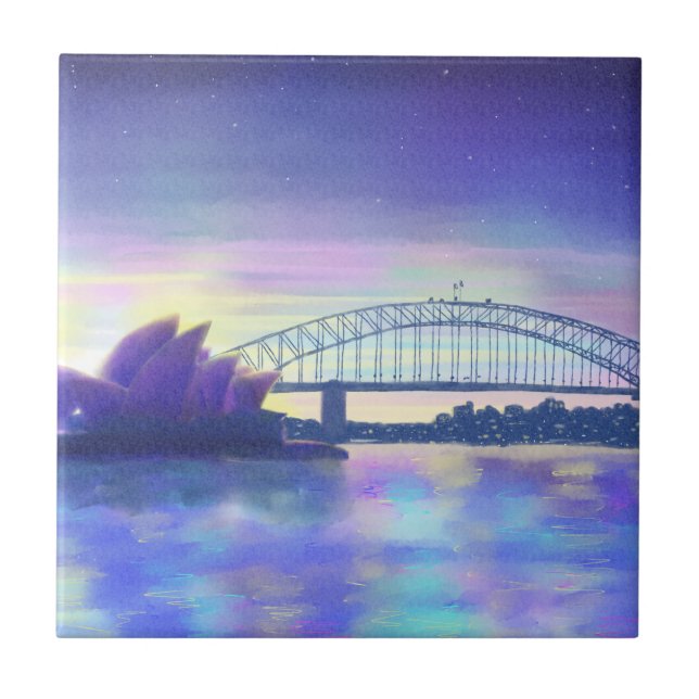 Carreau Aquarelle du port de Sydney Coucher de soleil viol (Devant)