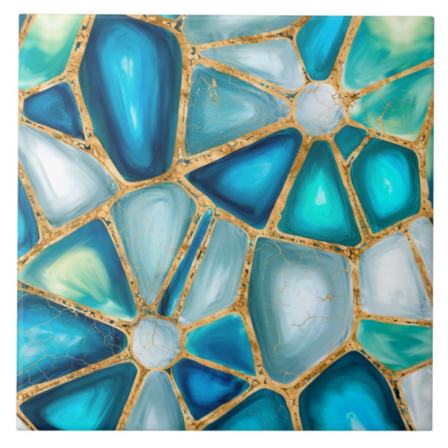 Carreau Aquarelle et cellules d'or - océan (Devant)