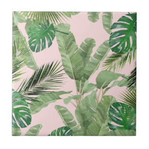 Carreau Aquarelle Feuille tropical Motif sur rose