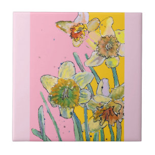 Carreau Aquarelle Fleur de Jonquille Florale Rose Jaune