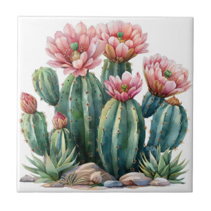 Carreau Aquarelle fleurs du désert cactus.