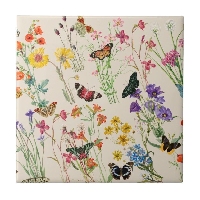 Carreau Aquarelle Fleurs & Papillons Jardin Floral (Devant)